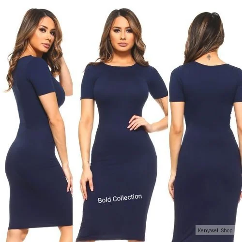 Sexy NAVY BLUE Short Sleeve Mock Neck Ribbed Bodycon Dress(Hips 36-44inches Fit)