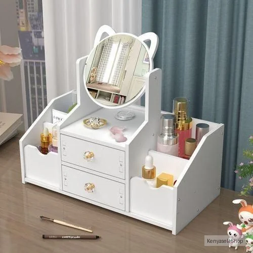 Large Cosmetics Storage Box With Round Mirror, Desktop Drawer Holder - White