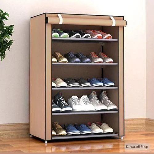 General 5 Layers Home Shoe Organizer Dustproof Shoe Rack Organizer With Cover - Brown