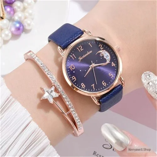 Women's WatchWatch + BraceletLeather Strap Casual Ladies Watch + Bracelet