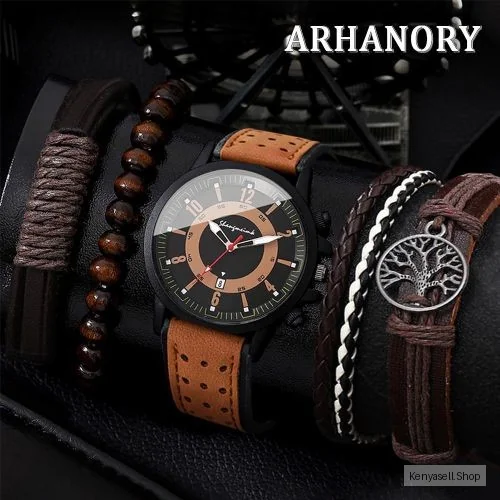 ARHANORY Men's Quartz Watch Casual Male Bracelets Wristwatch Leather Strap Wrist Watches - Brown