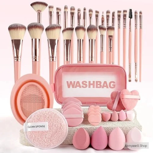 46 Pieces Makeup Bag with 25 Makeup Brushes and Powder Puffs for Travel Before and After Makeup
