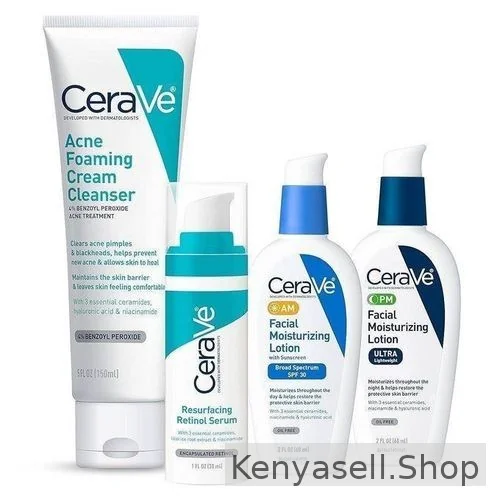 Skincare Combo (4-in-1) – cerave Acne Foaming Cream Cleanser 150ml + Resurfacing Retinol Serum 30ml + AM Moisturizing Lotion SPF 30 89ml + PM Moisturizing Lotion 89ml.