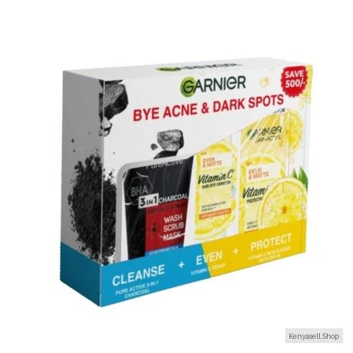 Garnier Bye Acne & Dark Spots Skin Care Kit: 3 In 1 Charcoal Cleanser 150ml + Vitamin C Brightening Booster Face Serum + SPF30 UV Protective Sunscreen 50ml