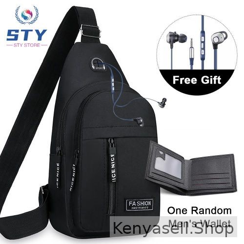 STY Men Chest Bag Sling Bag + Wallet + Wired Earphones (Free Gift) - Black