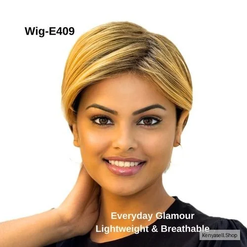 Wig Short Straight–Yellow & Brown Mix, Side-Swept Bangs Synthetic
