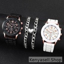 Fashion Three Eyes Couple Watch + Love Bracelet - Black/White