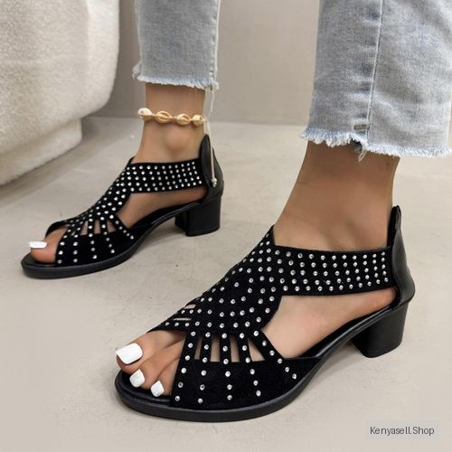 AIDAILU  Ladies Sandals Thick-heeled Women's Shoes Casual Elegant Rhinestone - Black