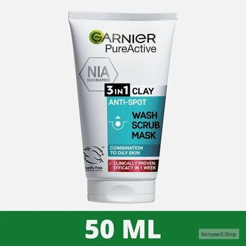 Garnier Pure Active Cleanser 3IN1 Clay Anti-Spot Wash, Scrub, Mask With Niacinamide + Clay, Scientifically Proven To Reduces Imperfection In 1 Week - 50ml