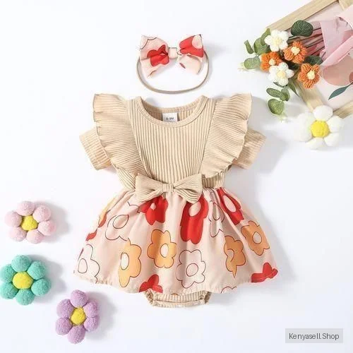 Catpapa 0-18Months Baby Girls Flower Printing Bodysuit With Headband