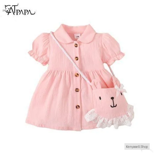Catpapa 3-24Months Baby Girl COTTON Pink Puff Sleeve Dress With Bag