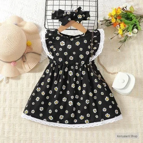 Catpapa Baby Girls Dress With White Lace + Headband Daisy Printing