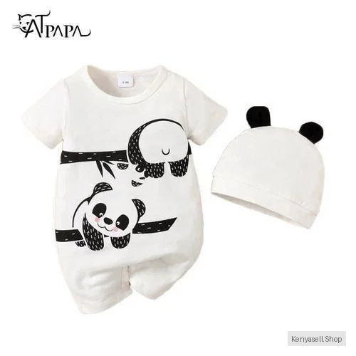 Catpapa Baby Boy Romper Panda Bear Short Sleeve Jumpsuit + Hat 2Pcs