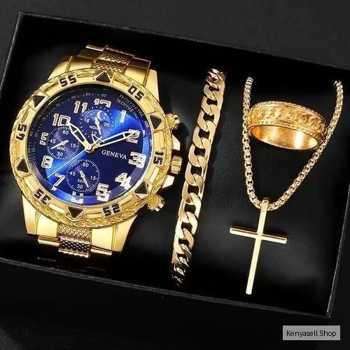 4 Pcs Men's Watch Set, Casual Quartz Watch with Date Display, Ring, Bracelet, Necklace and Jewelry
