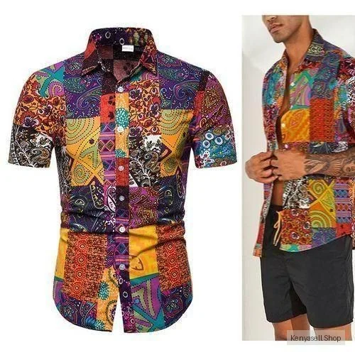 Berrykey Mens Vintage Graffiti Shirts Printed Button Down Casual T-Shirts Beach Polo