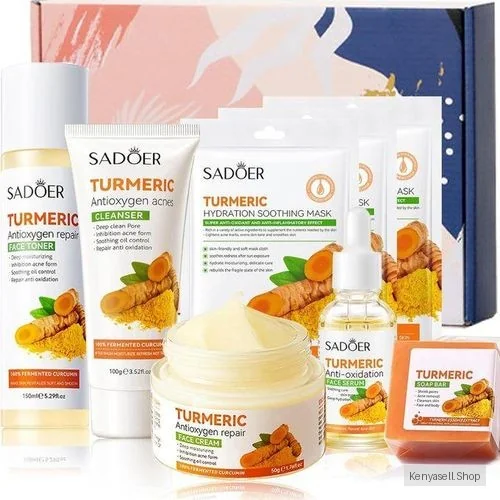 SADOER Turmeric Skincare Set For Anti-Aging Glowing Skin,Include Face Cleanser, Turmeric Oil Serum-Toner-Face Cream- Soap-3*Sheet Mask For Dark Spot Corrector Remover Anti Aging Firming(Set)