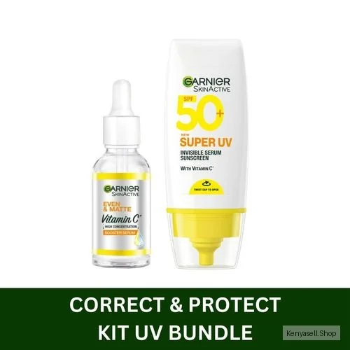 Garnier Correct and Protect Bundle Pack: Vitamin C Day Booster Serum 30ml + Super UV Invisible Sunscreen SPF 50