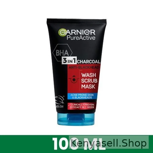 Garnier Pure Active 3-in-1 Anti Blackhead, Wash, Scrub, Mask, with BHA (Salycilic Acid) and Charcoal for Acne Prone Skin and Blackheads, 100ml