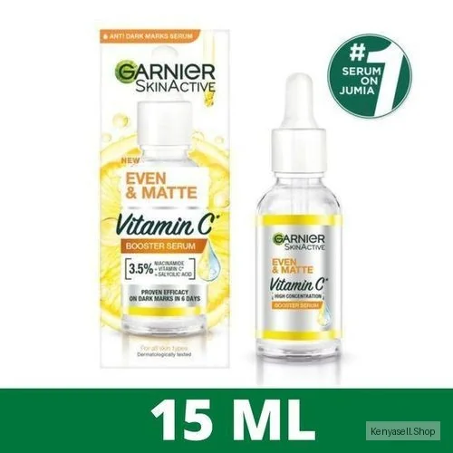 Garnier Even & Matte Vitamin C Brightening Booster Face Serum - Corrects Dark Spots with Niacinamide + Salicylic Acid, 15ml