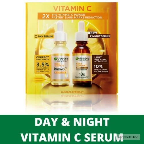Garnier Day & Night Routine Pack: Even & Matte Vitamin C Booster Serum 30ml + Even & Bright Night Booster Serum 30ml