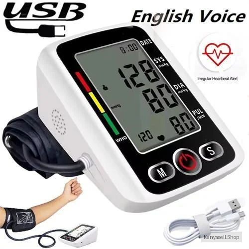 Digital arm blood pressure testing kit, cuff sensor monitor, BP automatic pressure tonometer, tension meter, heart rate pulse meter, cuff blood pressure monitor, portable tonometer, LCD screen