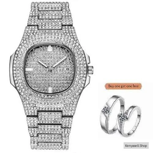 3 In 1  Hip Hop Iced Out Watch Quartz Luxury Full Diamond Round Sliver With Couple Rings
